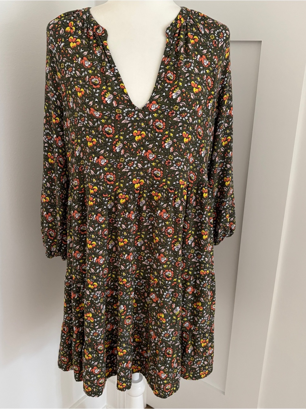Boden Floral Mini Dress US 8R Olive Green Long Sleeve Boho V Neck*Z2